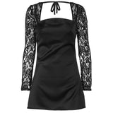 birthday outfits Women's Clothing 2024 Summer New Sexy Low-Cut High Waist Lace Sleeve Stitching Temperament Long Sleeve Dress