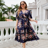 Amfeov Plus Size Summer V neck Dark Blue Printed Dress