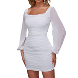 white dress Elegant Square Collar Long Sleeve Dress Fashion Women's Sexy Solid Color Slim Hip Skirt