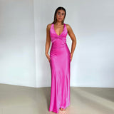 pink dress Summer 2024 New Sexy V-neck Style Backless Sheath Solid Color Dress Fashion All-Matching