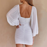 white dress Sexy Hot Girl Elegant V-neck Low-Cut Short Skirt Style Summer New Gauze Long Sleeve Backless Dress