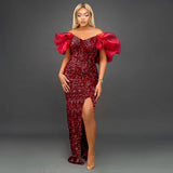 Am0527 Ruffled V-neck Sequined Long Dress Ladies Banquet Evening Dress Dress Women's Party Dresses