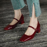 Amfeov Plus Size Mary Jane Shoes Popular Summer New Style Chunky Heel Retro Square Toe Women's Shoes Fashionable Temperament Mid Heel Simple Single-Layer Shoes