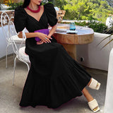 Amfeov Women’s Summer Fashion Short Sleeve V-neck Bohemian Maxi Dress â€?Solid Color