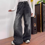 90s streetwear American Retro Cartoon Graffiti Straight Jeans Women's Summer New High Waist Straight Mop Loose Wide Leg Pants