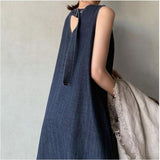 Amfeov Literary Denim Tie Back V-Neck Long Dress