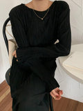 Amfeov Simple Pleated Elastic Long-Sleeved Little Black Dress