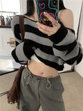 Onemillionlucky off shoulder  Retro off-Shoulder Short Striped Sweater Women's Autumn New Long Sleeve off-Shoulder Sweater Top