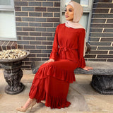 Amfeov Women Muslim Ethnic Maxi Dress Ruffled Patchwork Flared Sleeves Dress