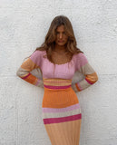 2024 fall fashion trends Long Contrast Color off-Shoulder Cut-out Beach Long Sleeve Knitted Striped Dress Women