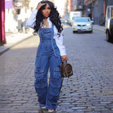 birthday outfits Women's Loose Denim Suspender Pants Women's Spring Street Fashion Multi-Pocket Jumpsuit