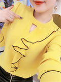 Amfeov-Women Spring Summer Style Chiffon Blouses Shirts Lady Casual Long Sleeve Ruffles Decor Stand Collar Chiffon Tops