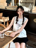 Back To School Amfeov White Doggy Print T-shirts with Lace Kawaii Animals Graphic Sleeveless Tank Tops Summer Fashion Cutecore Spotted Dog Tee