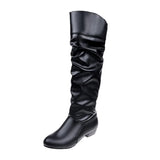 Amfeov Autumn and Winter New Knee High Boots Women Designer Heel High Black Boots Women's Leather Boots Plus Size 35-43 Botas De Mujer