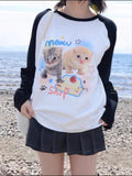 Back To School Amfeov Kawaii Cat Print T-shirts Women Japan Style Kitten Long Sleeve Cutecore Tops E-girl T-Shirt for Teen Girl Pullover Alt