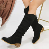 Amfeov Women Fur Suede Boots Fashion Pleated Wedge Long Boots Ladies Round Toe Slip on Mid-calf Boots Low Heel Botas Mujer Size 43