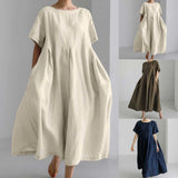 Women Casual Loose Long Dress Summer O-Neck Short Sleeve Solid Color Maxi Dress Shirring Female Dresses Holiday Vacation