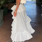 Amfeov-Women White Boho Long Skirt Elastic Band Waist Flowy Skirt Irregular Ruffle Asymmetrical Midi Skirt 90s Streetwear