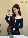 Black Friday Amfeov Sexy Off Shoulder Knitwear Women Black Hollow Out Sweater with Bow White Lace Vest Spring Autumn Korean Fashion Clothes