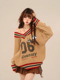 Black Friday Amfeov Vintage Letter Print Oversize Sweater Women Long Sleeve V-neck Knitted Pullovers Preppy Style Casual Loose Winter Tops