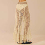 Amfeov-Vintage y2k Women's Lace Long Skirts Vintage High Waist Solid Color Asymmetrical Hem Ruffle Midi Skirts Flowy Skirts