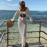 Back To School Amfeov Women Summer 2PCS Outfit Bikini Cover-ups Sets Long Sleeve Tie Up Crop Tops+White Long Knit Hollow Tassels Skirt Suit