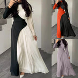 Women'sElegant Patchwork Long Dress Spring Half High Neck Long Sleeve A-Line Maxi Dress Female Slim Waist Party Club Dresses