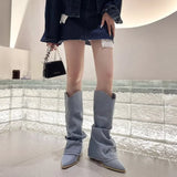 Amfeov Women Pleats Blue Denim Thigh High Boots Autumn New Thick Heeled Pointed Toe Cowboy Boots Woman Slip On Western Long Boots