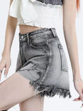 Back To School Amfeov Grey High Wasit Denim Shorts Women Sexy Summer Tassels Ripped Jeans Shorts Female Hot Summer Korean Style Fashion Cowboy