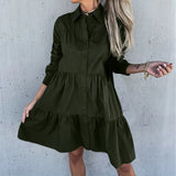 Casual Women‘s Solid Shirt Midi Dress Spring Summer Turndown Collar Long Sleeve Knee-Length Dress Female Ruffles Button Dresses