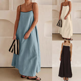 Amfeov Summer Casaul Spaghetti Strap Long Dress Women Square Collar Sleeveless Maxi Dress Loose Fit Backless Female Dresses Vestidos