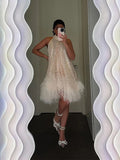 Back To School Amfeov Elegant White Sequins Feather Hem Mini Dress Women Sexy Off Shoulder Loose Halter Dresses 2024 New Shiny Female Party Vestidos