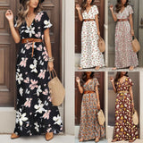 Amfeov Floral Printed Saches Long Dress For Women Summer Casual Deep V-Neck Short Sleeve Maxi Dress Female Slim Waist A-Line Dresses