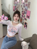 Back To School Amfeov Cartoon Cat Graphic T Shirts Women Kawaii Kitten Cutecore Long Sleeve Tees 2000s Japanese Harajuku Y2k Crop Tops Clothes