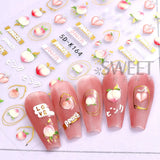 Amfeov Lemon Fruit Nail Stickers 5D Cherry Embossed Summer Strawberry Peach Watermelon Sliders DIY Acrylic Decals Manicure Decorations