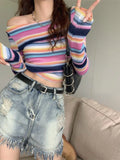 Black Friday Amfeov Long Sleeve Striped Sweater Off Shoulder Jumpers for Women 2024 Kawaii Pullover Y2k Korean Style Sweet Girls Top Fashion