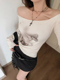 Back To School Amfeov Vintage Butterflies Graphic T Shirts Women Y2k Streetwear Harajuku Print Tops Slim Long Sleeve 2000s Aesthetic Clothes