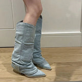 Amfeov Women Pleats Blue Denim Thigh High Boots Autumn New Thick Heeled Pointed Toe Cowboy Boots Woman Slip On Western Long Boots