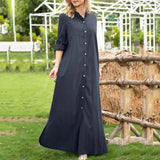 Amfeov Women's Long Shirt Dress Vintage Casual Solid Stand Collar Long Sleeve Dresses Elegant Simple Loose Singel-Breasted Maxi Dress