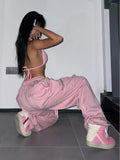 Back To School Amfeov Pink Cargo Pants Women Hip Hop Style High Waist Baggy Wide Leg Trousers Y2k Streetwear Causal Lady Sweatshirt Pantalon