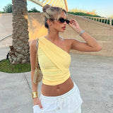 Amfeov Y2K Casaul Solid Color Summer Women T Shirt Pullover Slash Neck One Shoulder Sleeveless Crop Tops Ruched Slim Basic El