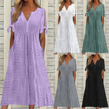 Women's Casual Hollow Out Long Dress Summer V-Neck Short Sleeve Maxi Dress Ladies Solid Color A-Line Pockets Beach Dresses