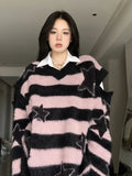 Black Friday Amfeov Harajuku Striped Sweater Oversize Y2k Style Pink Detachable Sleeves Star Print Jumpers Gothic Winter Korean Alt Clothes