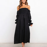 Women’s Sexy Off The Shoulder Long Dress Summer One Neck Puff Long Sleeves Maxi Dress Slim Waist Pleated A-Line Female Dresses