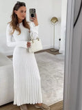 Back To School Amfeov Women Elegant Solid Pleated Knitted Maxi Dress Casual Round Neck Long Sleeve Lace Up Dresses 2024 Autumn Lady High Street Robes