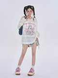 Black Friday Amfeov Anime Women Sweater Oversize Spider Web Mesh Long Sleeve Top Y2k Kawaii Rabbit Embroidery Korean Style Cutecore Clothes