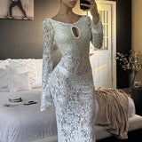 Black Friday Amfeov White Sexy Lace Hollow Long Sleeve Dress For Women See Through Maxi Dress Hot Girl Fashion Bodycon Backless Outfits Lady