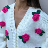 Black Friday Amfeov 3D Rose Flower Knitted Cardigan Female 2024 Autumn Winter Hand-Knitted Sweater Jacket V Neck Fashion Splice Casual Top