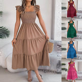 2024 Summer Solid Tank Long Dress For Women Square Collar Sleeveless A-Line Maxi Dress Backless Slim Waist Pleated Beach Dresses