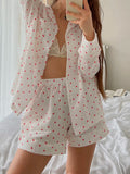 Amfeov Women’s 2 Piece Pajamas Sets Sweet Heart Print Long Sleeve Lapel Button Up Shirt + Loose Shorts Set Female Casual Loungewear